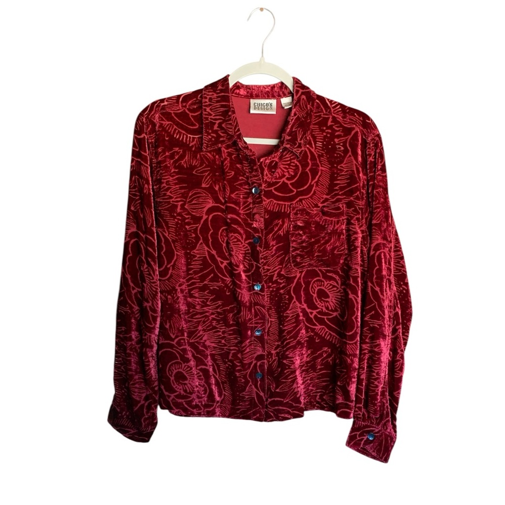 Chico’s Design womens button up blouse red velvet size 1 medium holiday party
